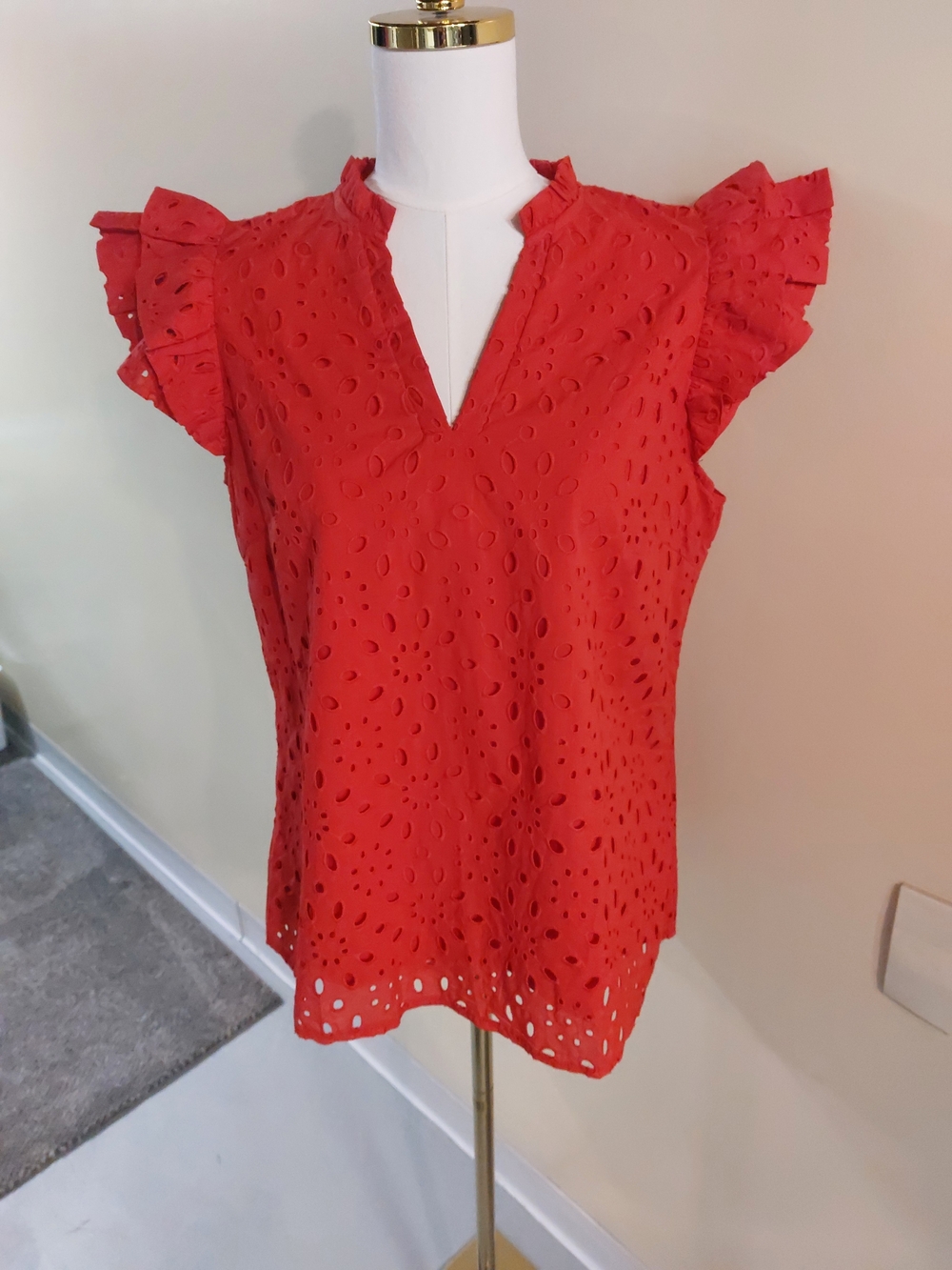 Red Eyelet Flutter Sleeve Top